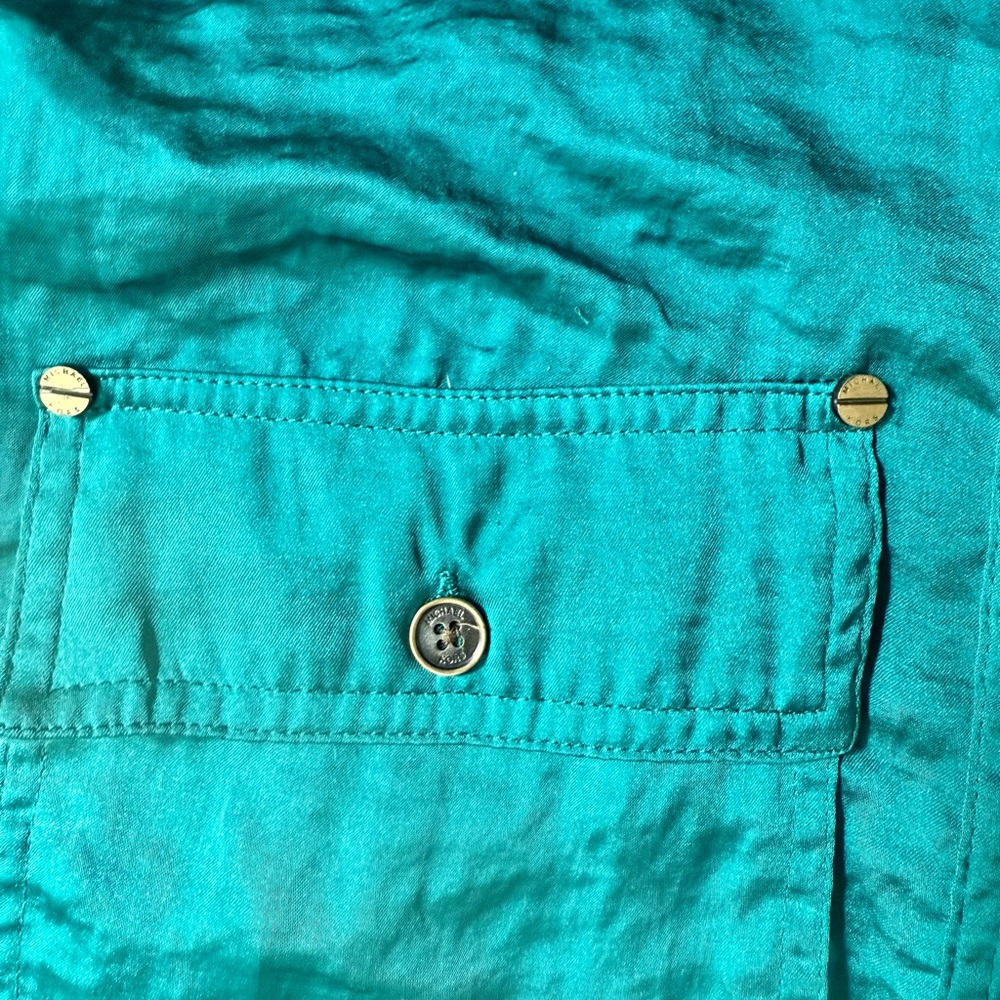 Michael Kors Blue-Green Teal Button Up Utility Shirt Top | Vintage Sheer Blouse - Picture 12 of 13